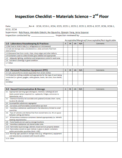 inspection checklist materials science 2nd floor