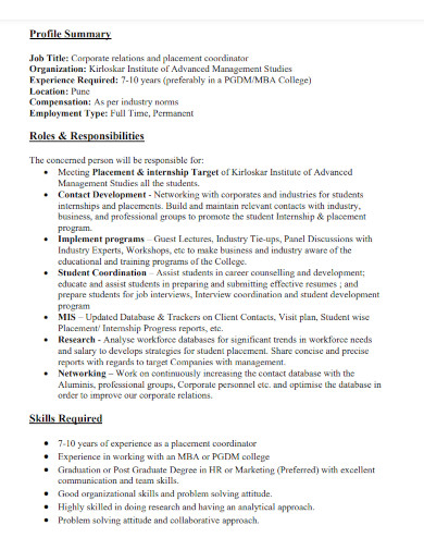profile summary roles responsibilities