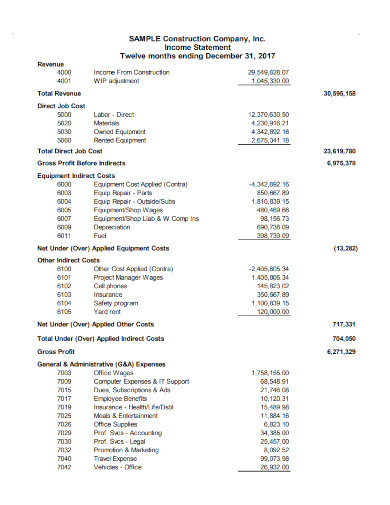 sample construction income statement