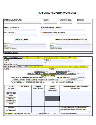 sample personal property worksheet