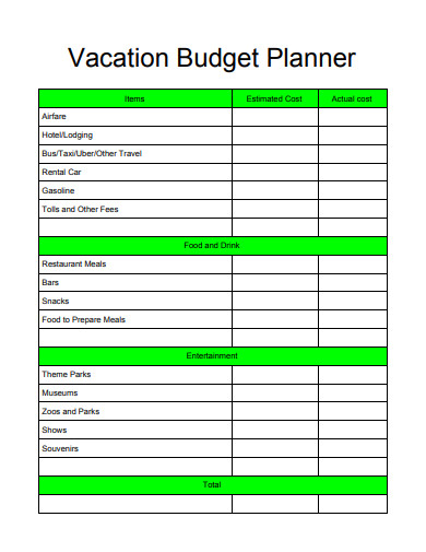 sample vacation budget planner