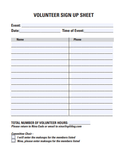 simple volunteer event sign up sheet