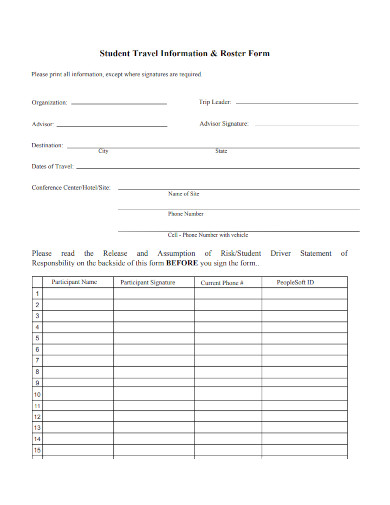 student travel information roster form