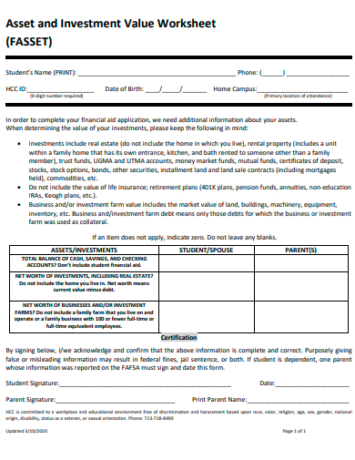 asset and investment value worksheet