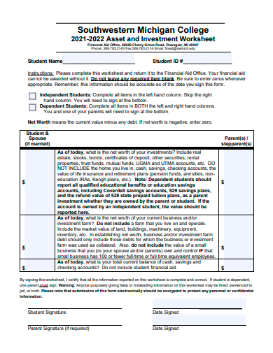 asset and investment worksheet