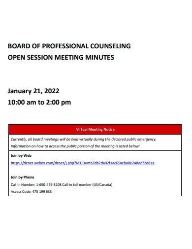 board of professional counseling open session meeting minutes