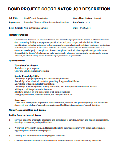 bond project coordinator job description