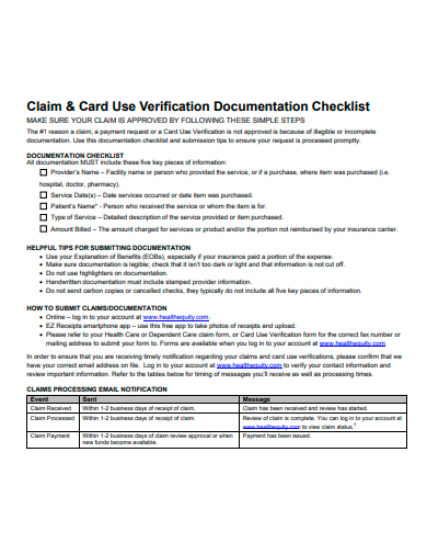 claim and card verification documentation checklist