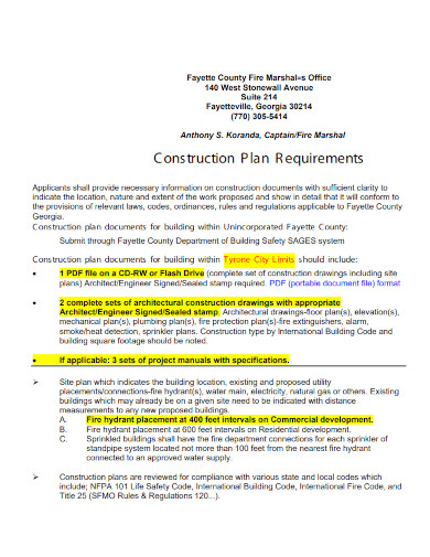 construction plan requirements