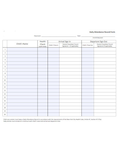 daily attendance record sheet form format