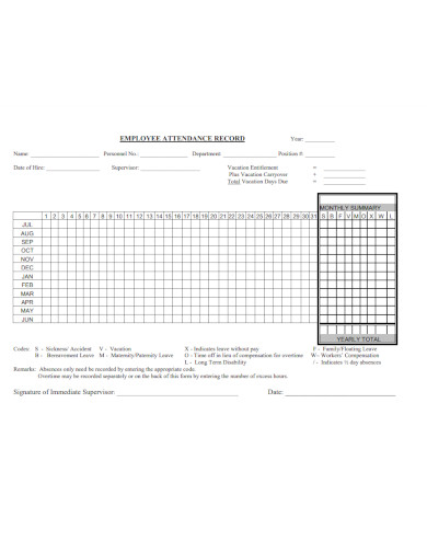 employee attendance record sheet