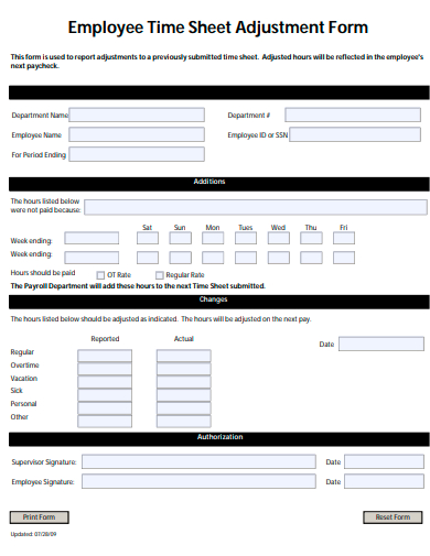 employee time sheet adjustment form