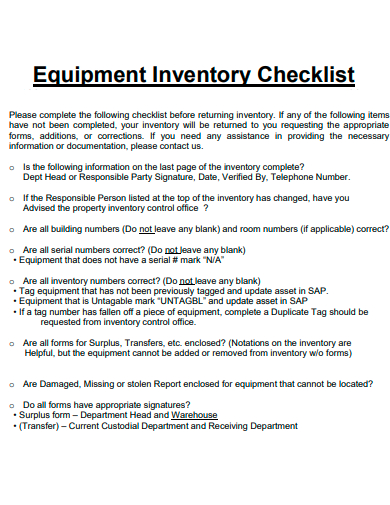 equipment inventory checklist