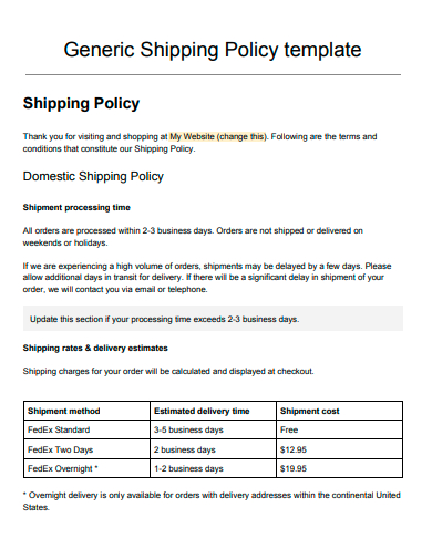 generic shipping policy
