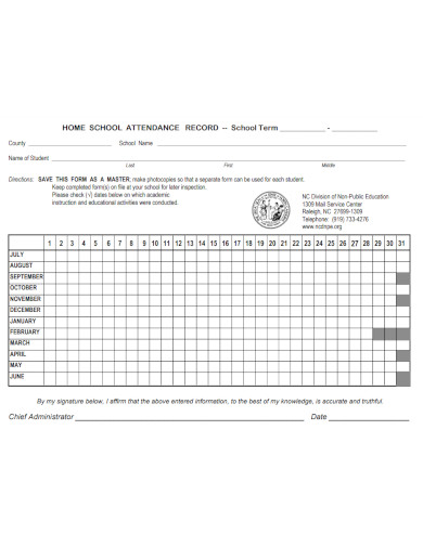 home school attendance record sheet 