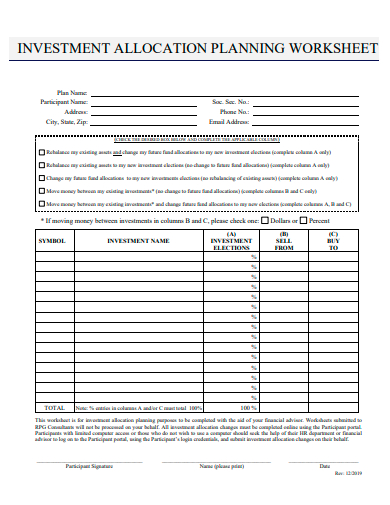 investment allocation planning worksheet