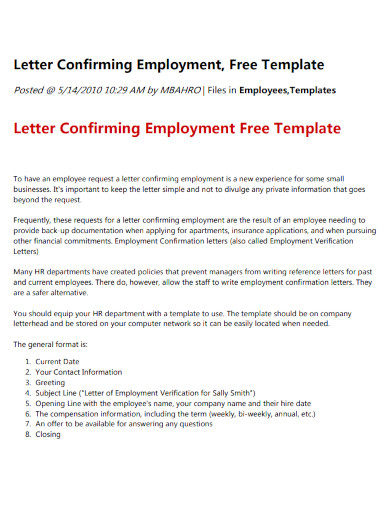 letter confirming employment free template