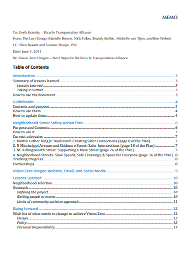 memo table of contents