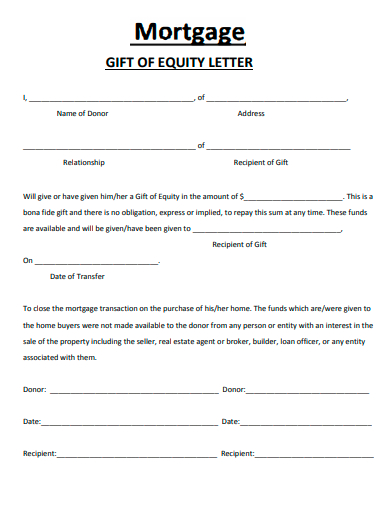 mortgage gift of equity letter