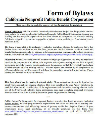 nonprofit public benefit bylaws