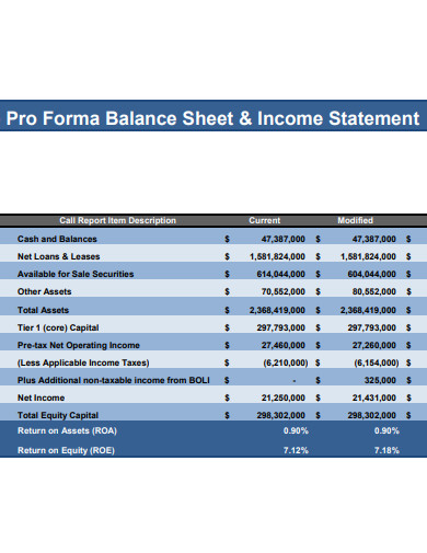 pro forma balance sheet income statement