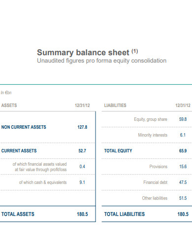 pro forma summary balance sheet