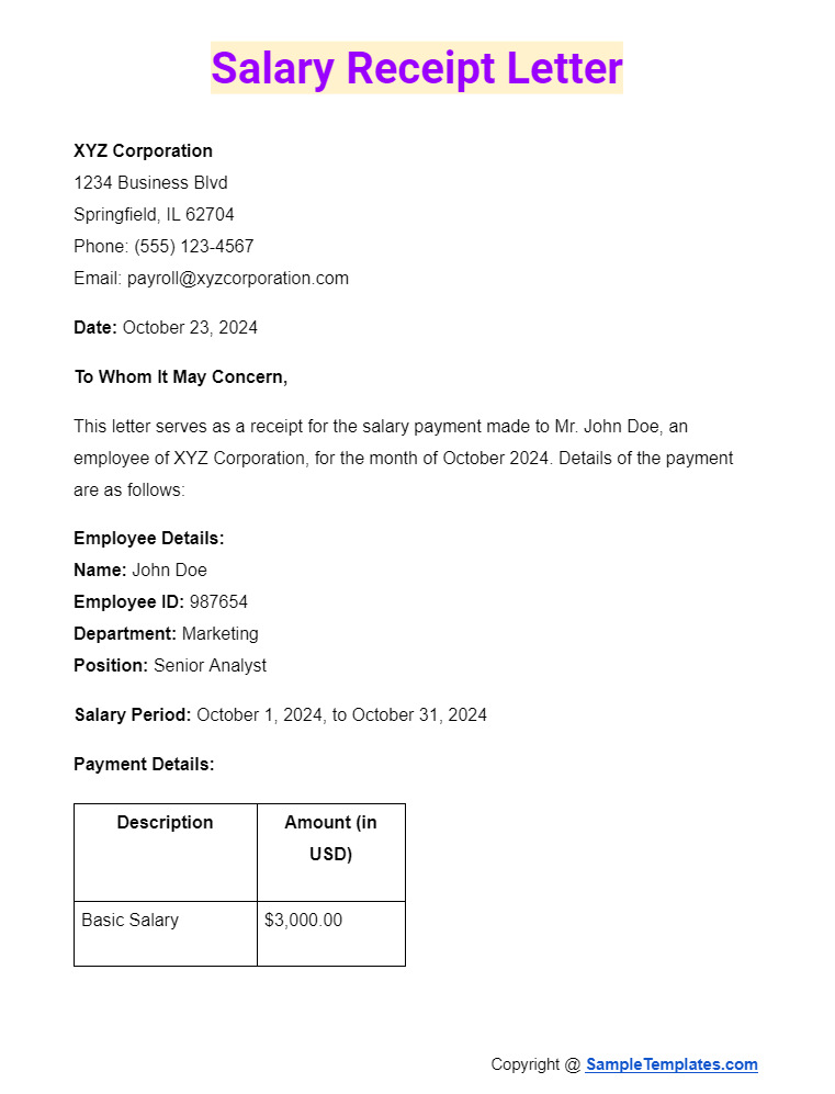 salary receipt letter