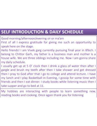 self introduction and daily schedule
