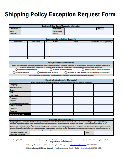 shipping policy exception request form