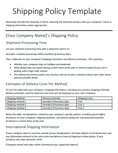shipping policy template