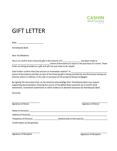 standard mortgage gift letter
