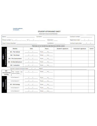 student attendance sheet format