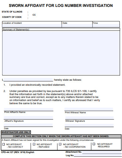 sworn affidavit for log number registration