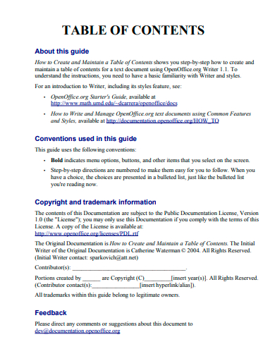table of contents in pdf