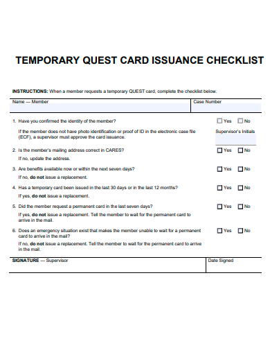 temporary quest card issuance checklist
