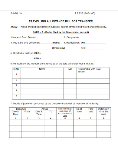 traveling allowance bill format for transfer