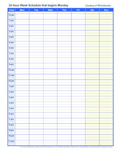 24 hour week schedule that begins monday