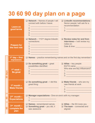 30 60 90 one page plan
