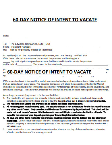 60 day notice of intent to vacate
