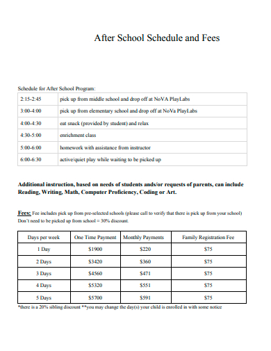 after school schedule and fees