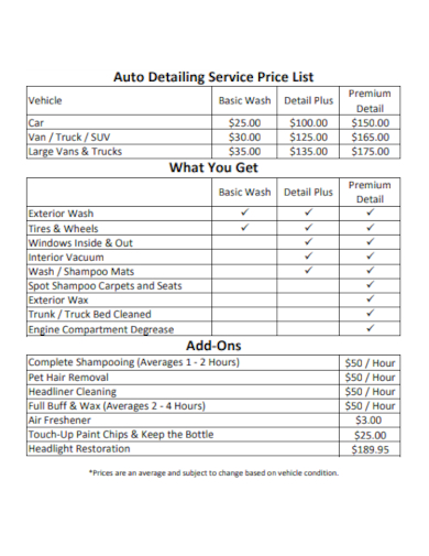 Free Modern Car Detailing Price List Template To Design 45 OFF