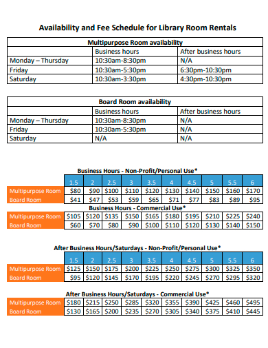 availability and fee schedule for library room rentals