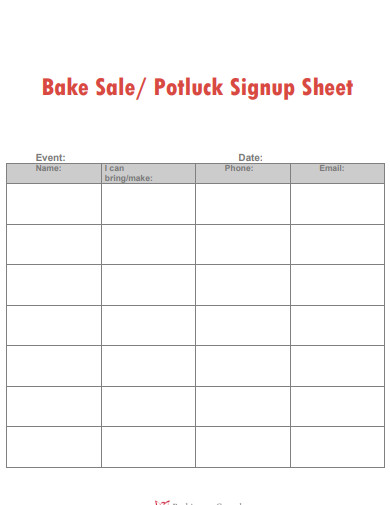 bake sale sign up sheet