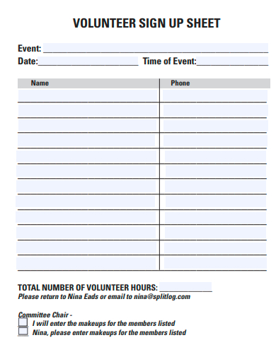 basic volunteer sign up sheet