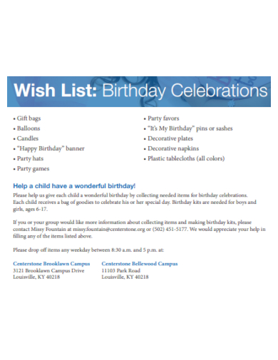 birthday celebration wish list