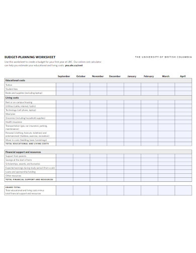 budgeting planning work sheet
