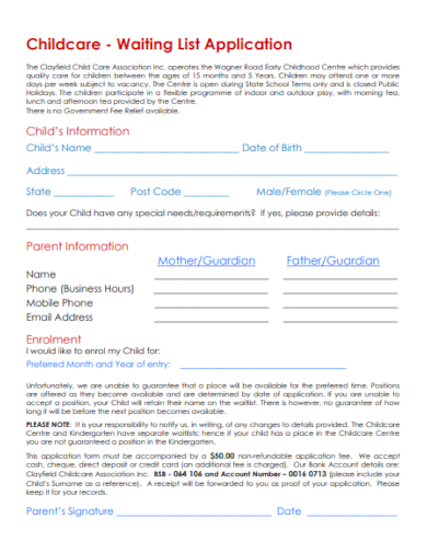 child care waiting list application