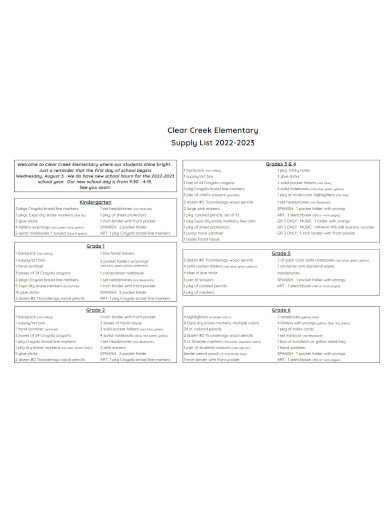 clear creek elementary supply list