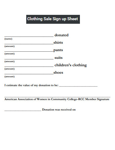 clothing sale sign up sheet