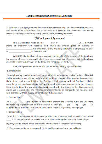 commercial contract employee agreement template